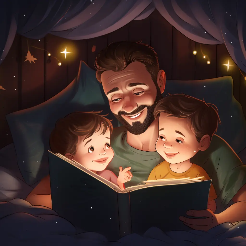 father reads bedtime story with children